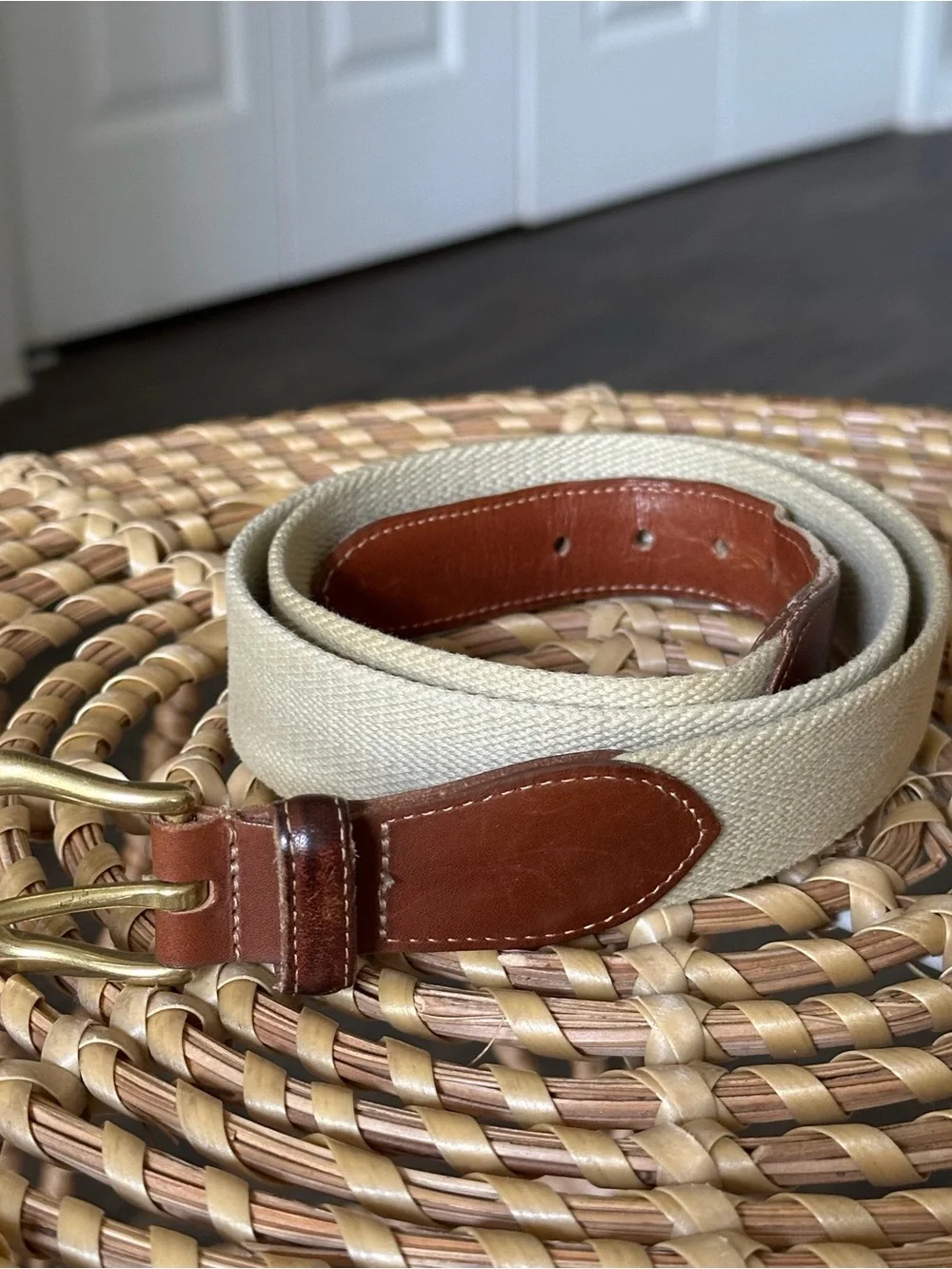 Vintage Coach Cream Canvas Belt with Brown Leather Accents and Brass Buckle